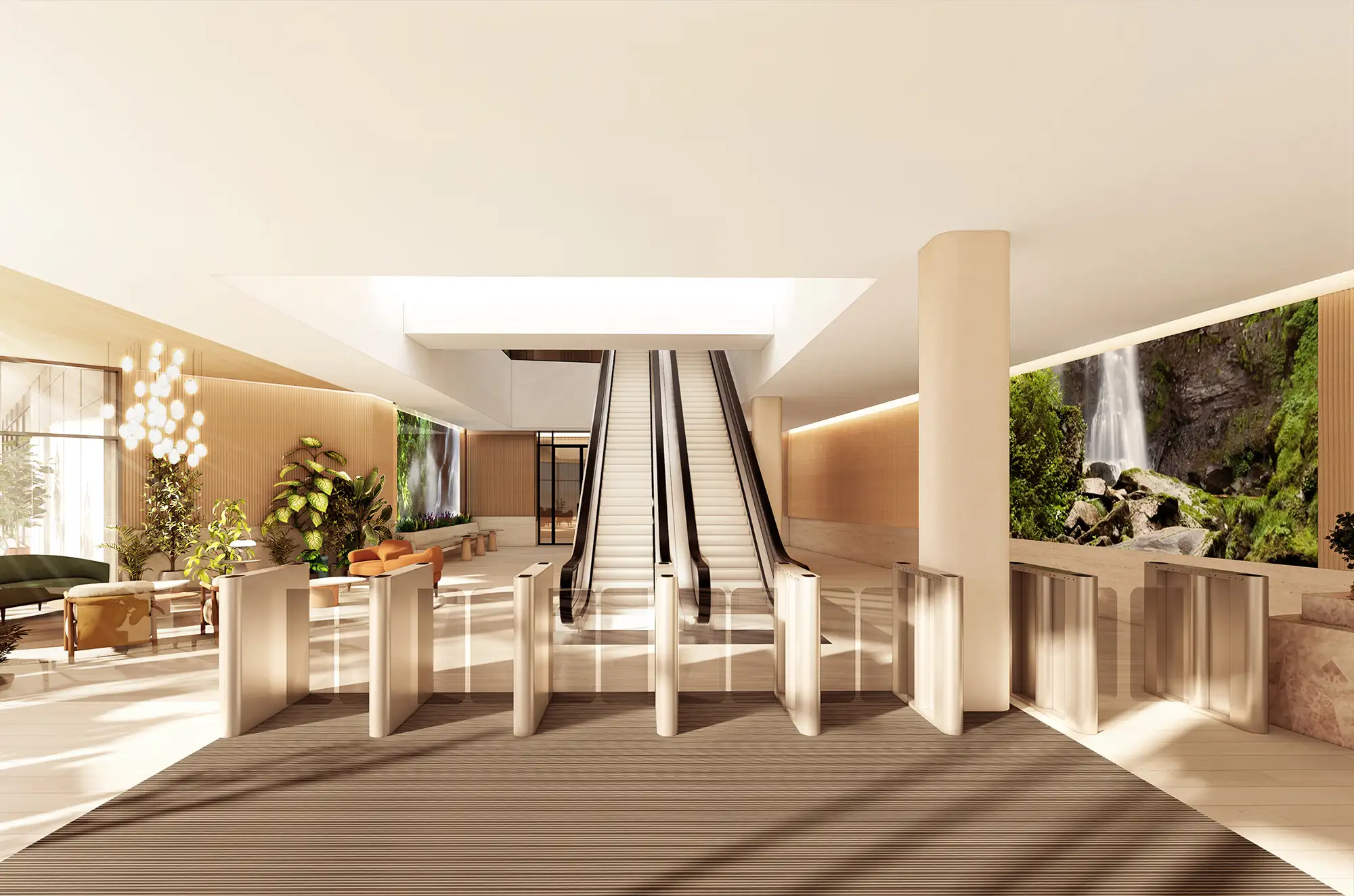 Modern lobby interior with two escalators leading upwards, flanked by security turnstiles and natural-themed wall murals.