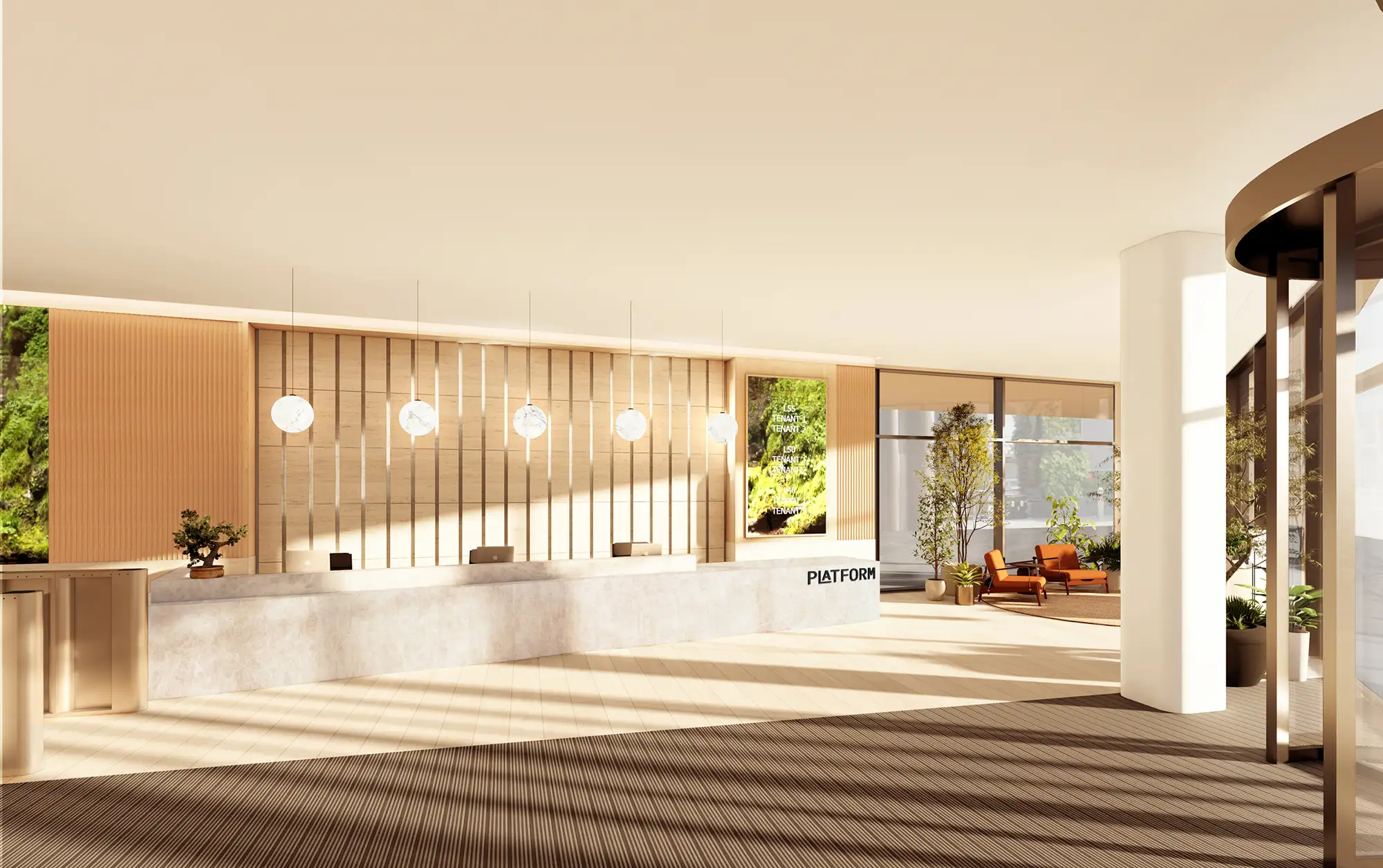 Modern office reception area with a long counter, pendant lighting, large windows, and a sign that reads "PLATFORM".