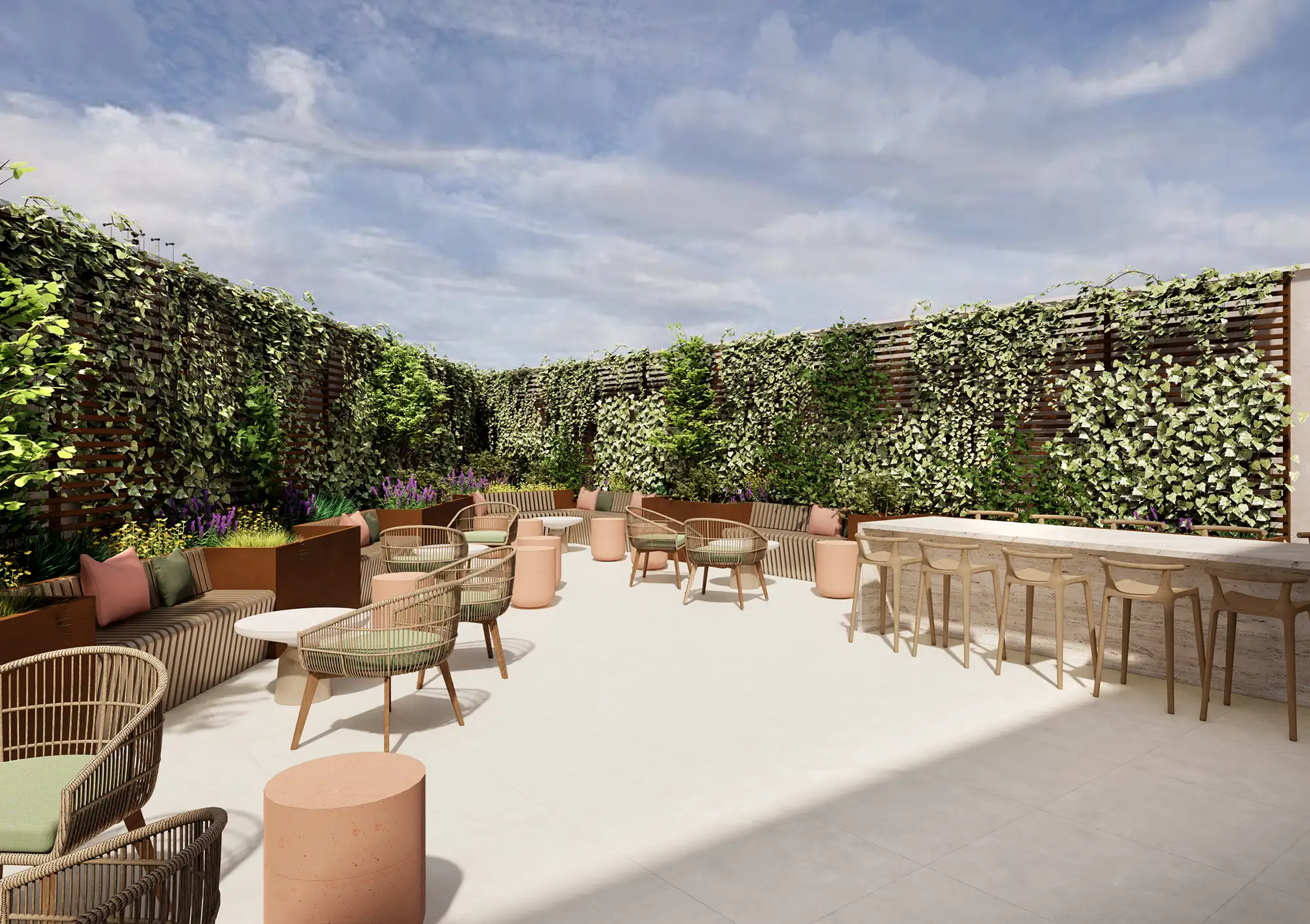 A contemporary rooftop terrace with comfortable outdoor furniture, including chairs, sofas, and a bar with stools, surrounded by a green wall of climbing plants.